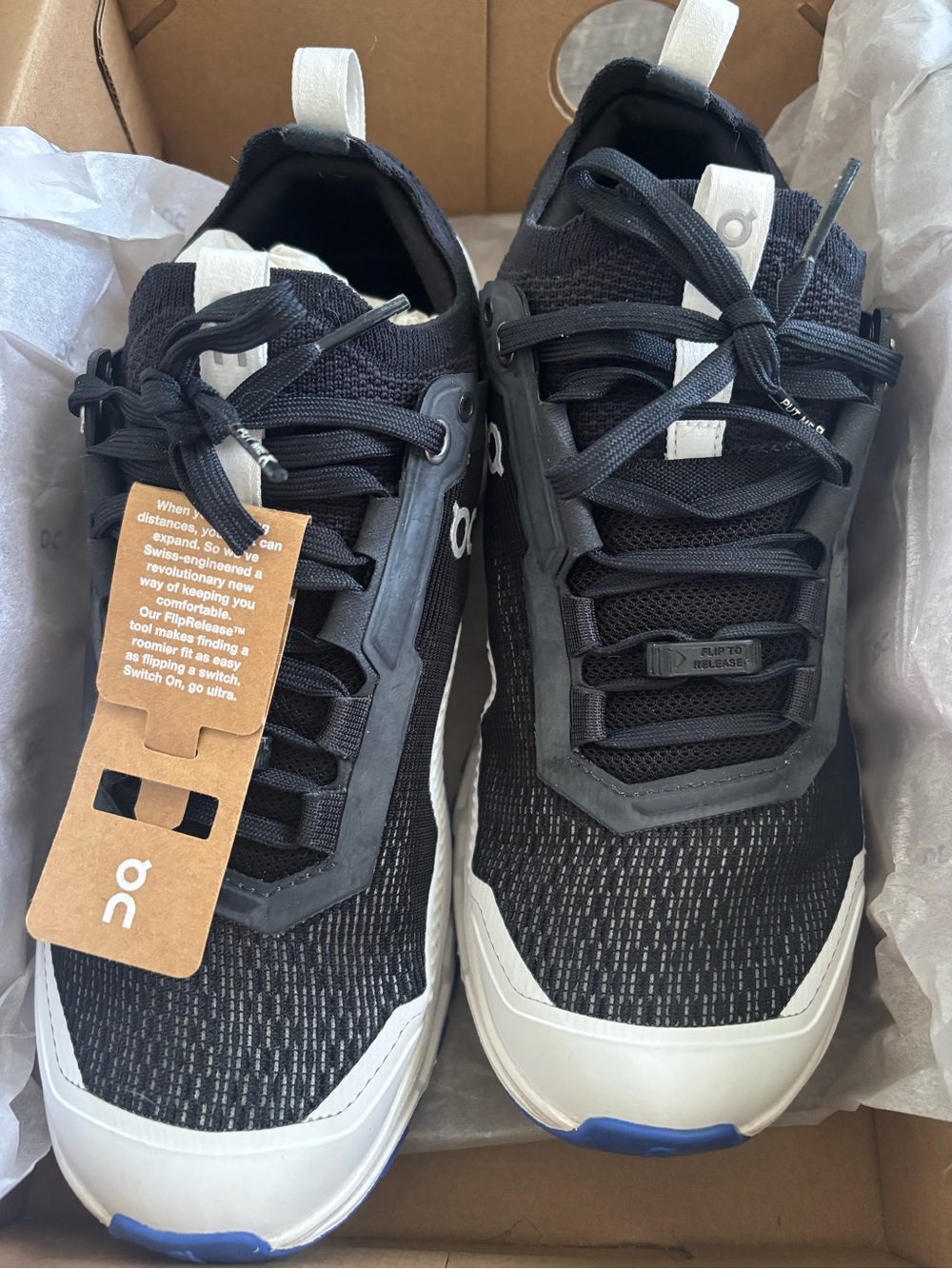 Brand New Women On Running Black and White Sneakers with Blue Accents size 7.5